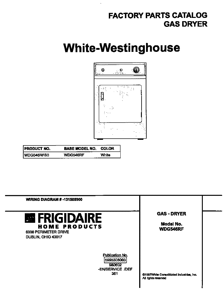 COVER Diagram and Parts List for WDG546RFS0  Frigidaire Dryer