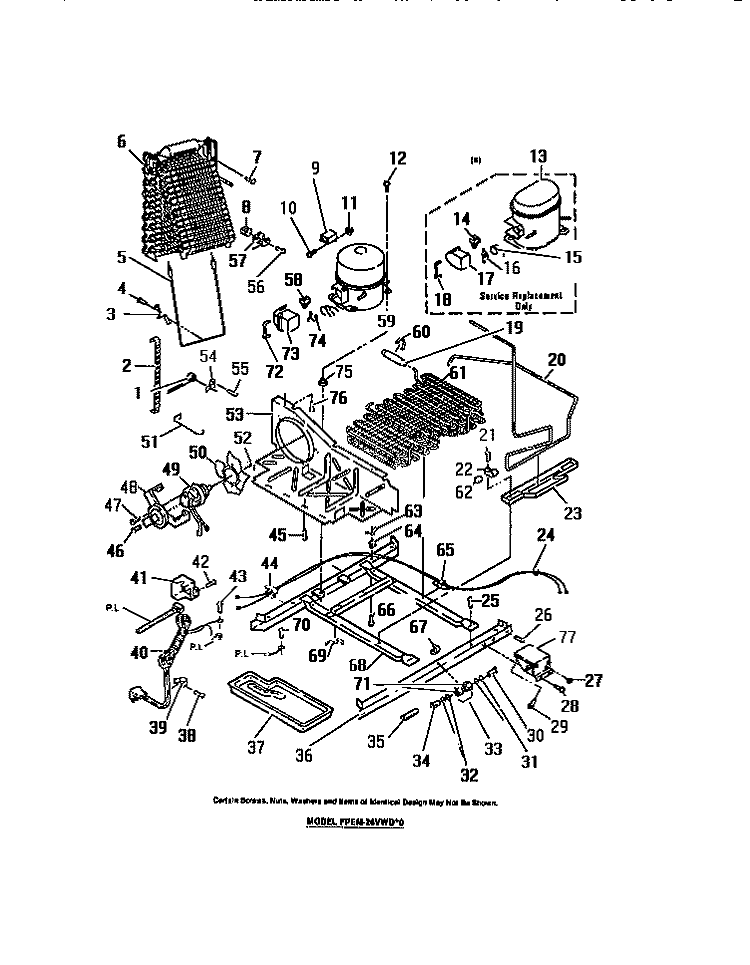 COMPRESSOR, CONDENSER, EVAPORATOR Diagram and Parts List for FPEM26VWDW0  Frigidaire Refrigerator