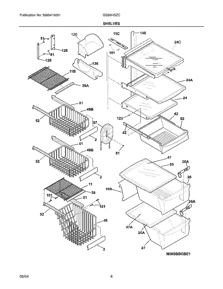 SHELVES Diagram and Parts List for GS26HSZCC6  Frigidaire Refrigerator