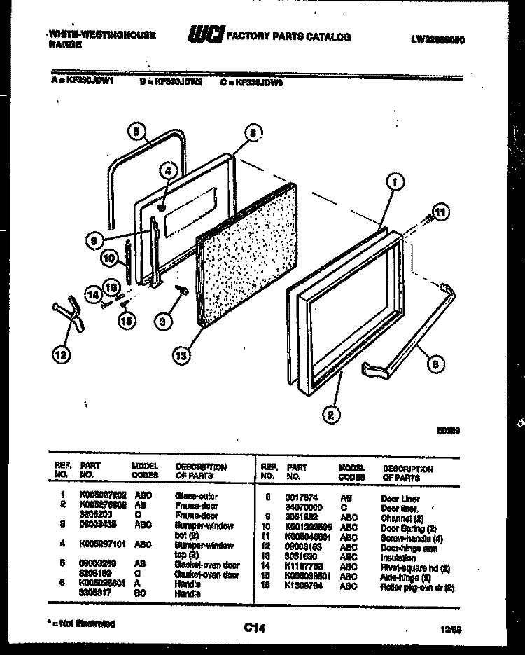 DOOR PARTS Diagram and Parts List for KF330JDD2  Frigidaire Range
