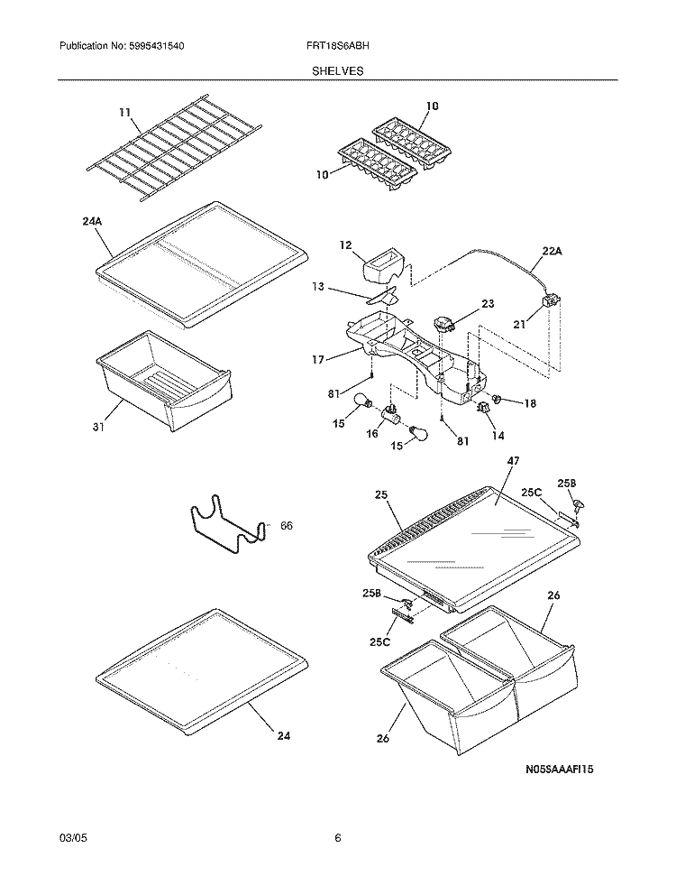 SHELVES Diagram and Parts List for FRT18S6ABH  Frigidaire Refrigerator
