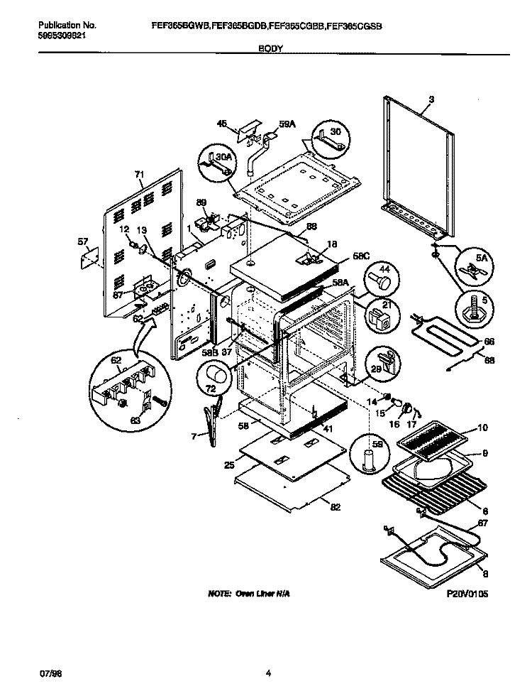 BODY Diagram and Parts List for FEF365CGSB  Frigidaire Range