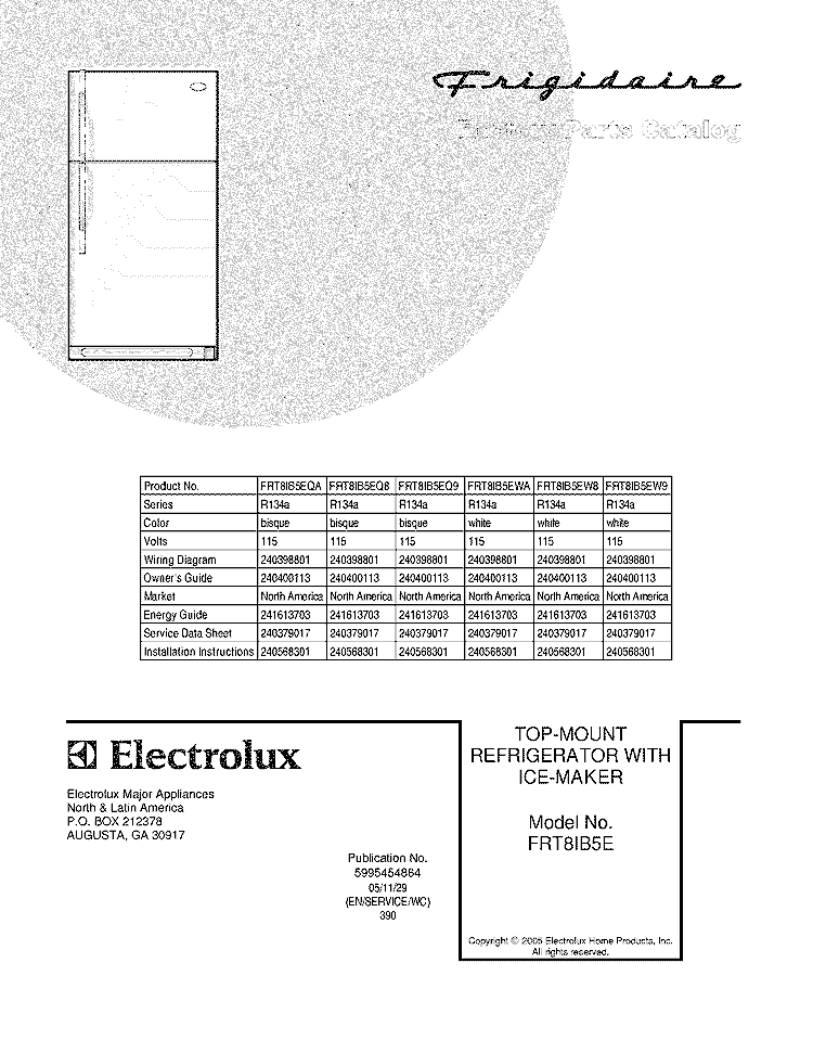 COVER Diagram and Parts List for FRT8IB5EQA  Frigidaire Refrigerator