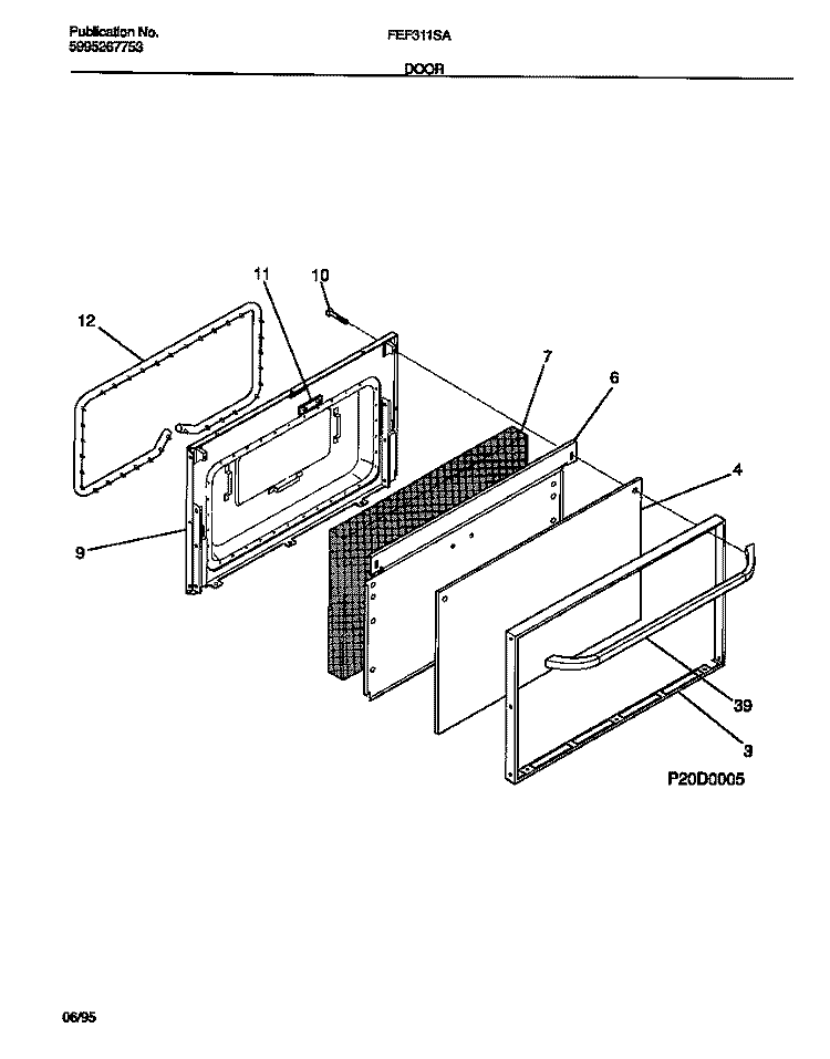 DOOR Diagram and Parts List for FEF311SAWB  Frigidaire Range