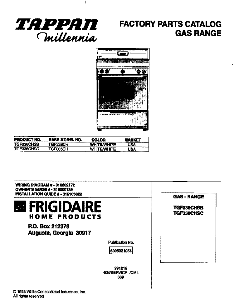 COVER Diagram and Parts List for TGF336CHSB  Tappan Range