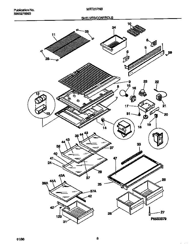 SHELVES / CONTROLS Diagram and Parts List for MRT21PNBD3  Frigidaire Refrigerator