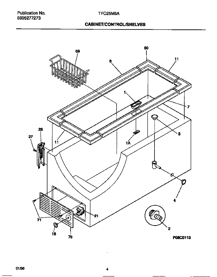 CABINET / CONTROL / SHELVES Diagram and Parts List for TFC25M6AW4  Tappan Freezer