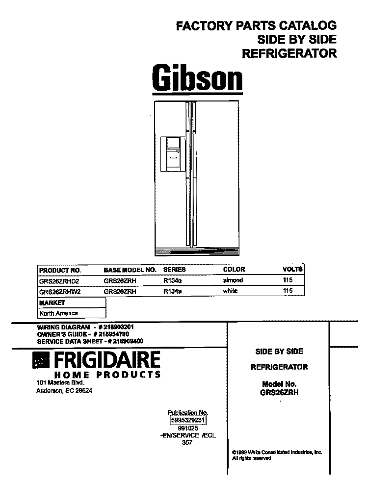 COVER Diagram and Parts List for GRS26ZRHW2  Gibson Refrigerator