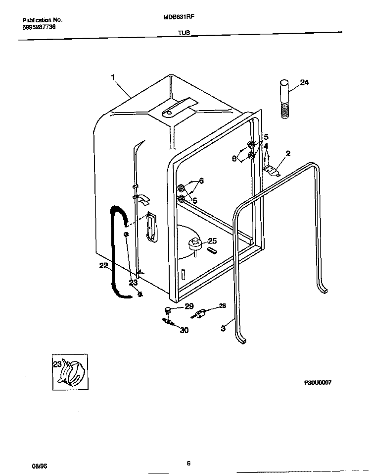 TUB Diagram and Parts List for MDB631RFR0  Frigidaire Dishwasher