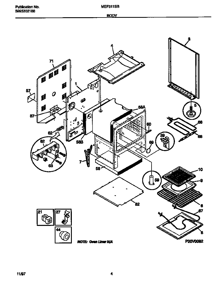 BODY Diagram and Parts List for MEF311SBWH  Frigidaire Range