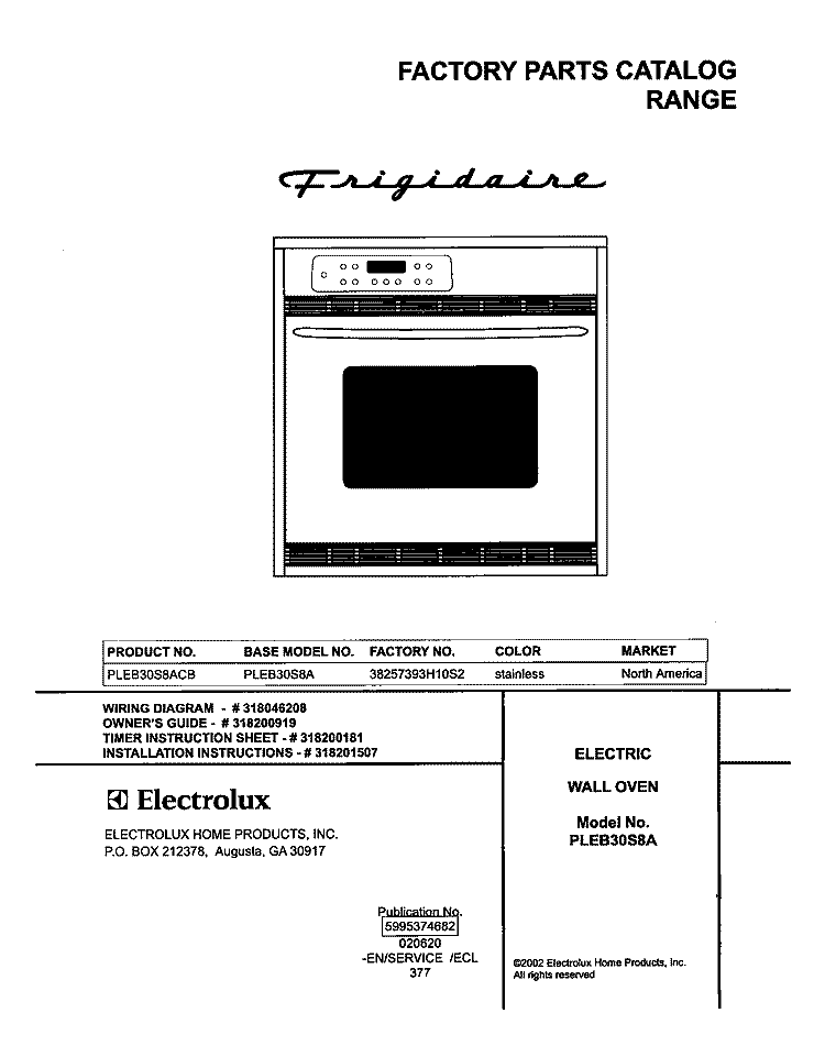 COVER Diagram and Parts List for PLEB30S8ACB  Frigidaire Wall Oven