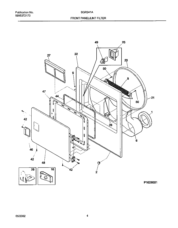FRNT PNL, DOOR Diagram and Parts List for SGR341AQ1  Westinghouse Dryer