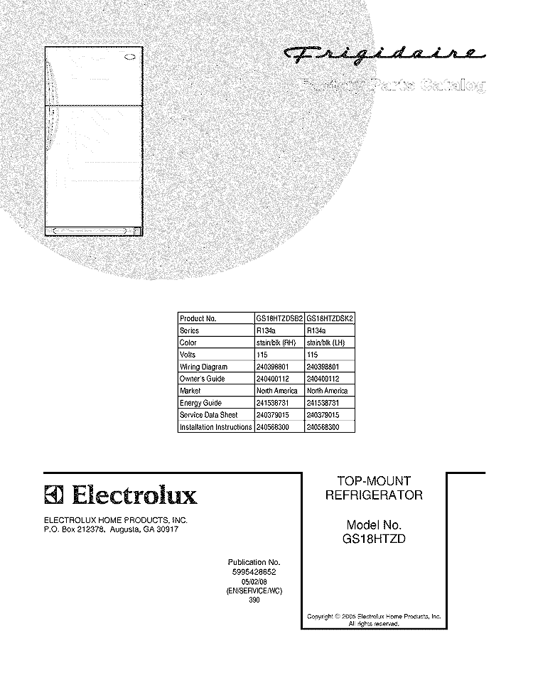 COVER Diagram and Parts List for GS18HTZDSK2  Frigidaire Refrigerator