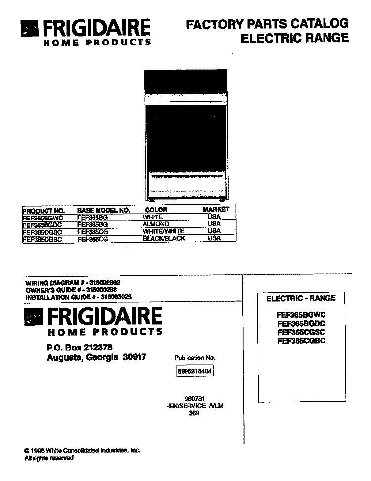 COVER Diagram and Parts List for FEF365CGSC  Frigidaire Range