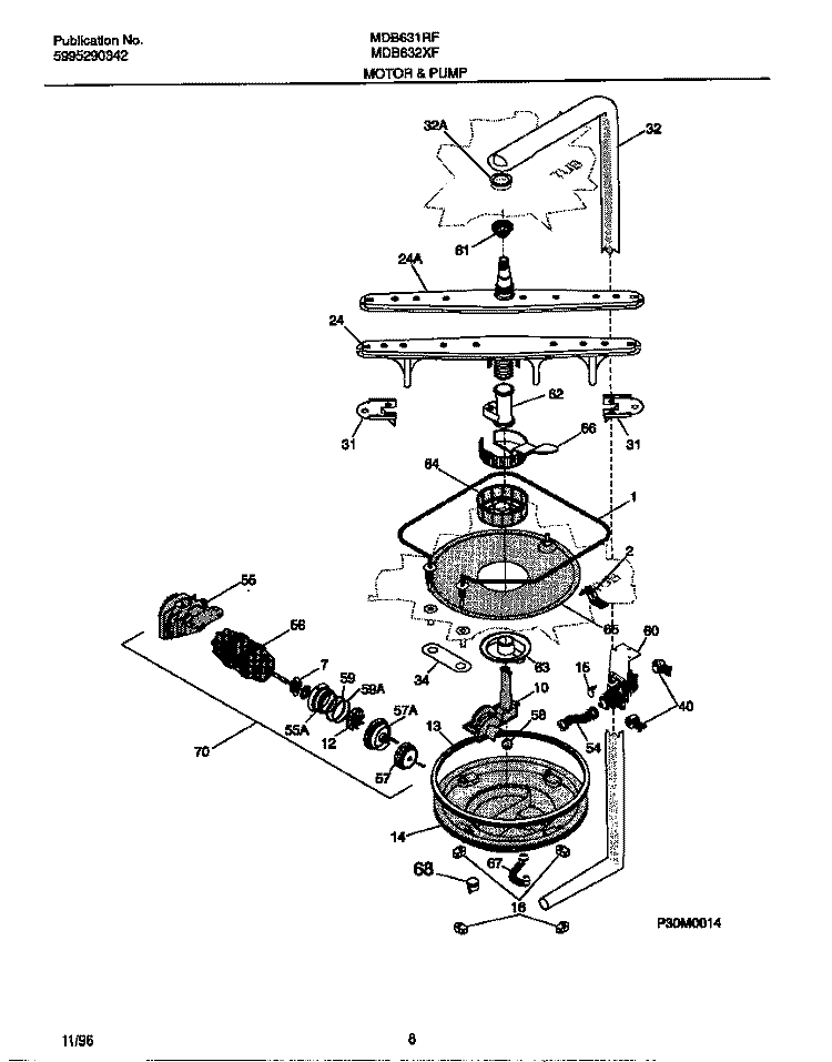 MOTOR & PUMP Diagram and Parts List for MDB631RFR1  Frigidaire Dishwasher