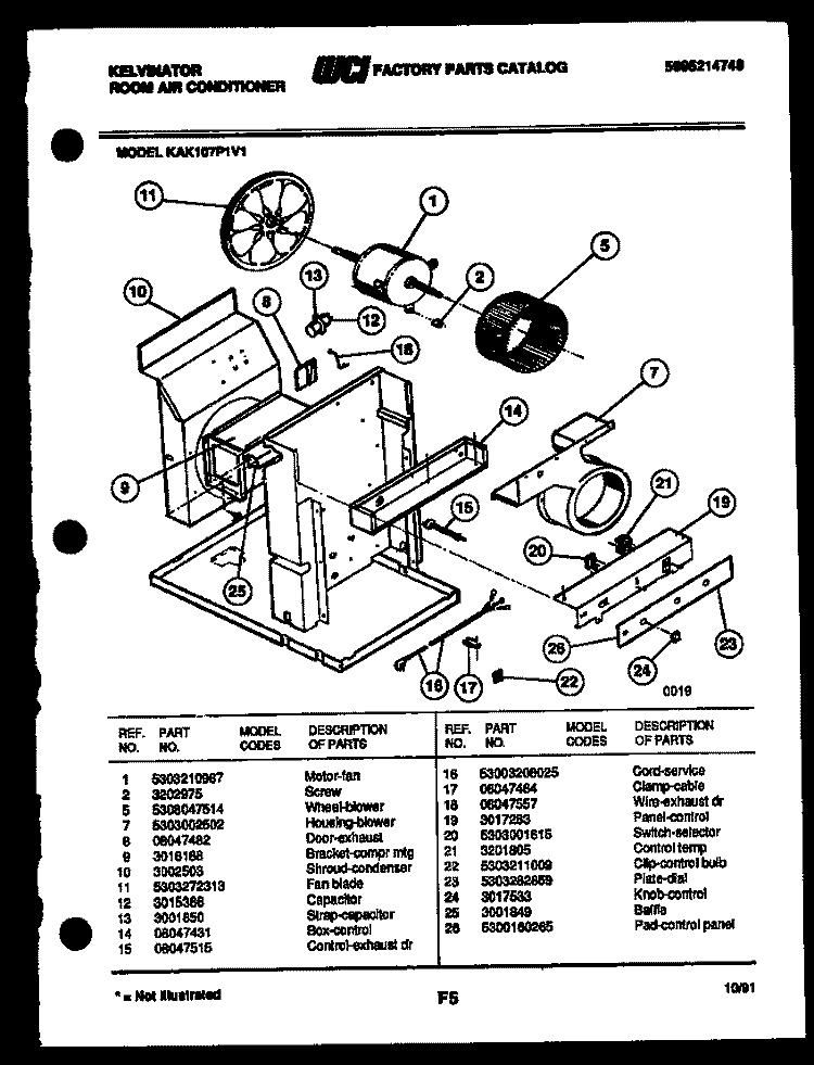 ELECTRICAL AND AIR HANDLING PARTS Diagram and Parts List for KAK107P1V1  Kelvinator Air Conditioner
