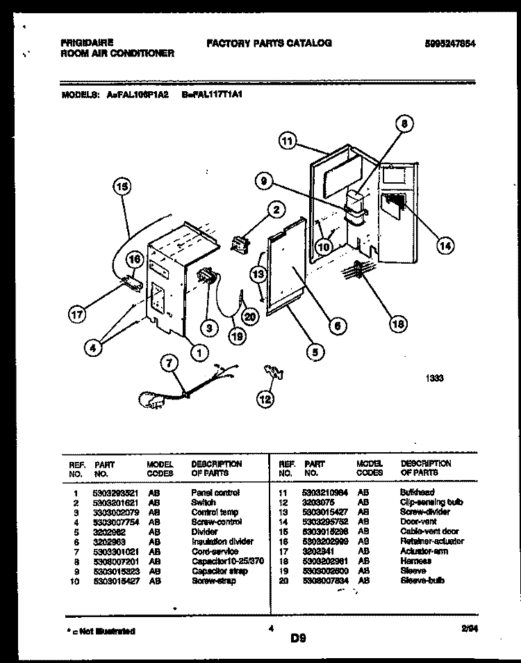 ELECTRICAL PARTS Diagram and Parts List for FAL117T1A1  Frigidaire Air Conditioner