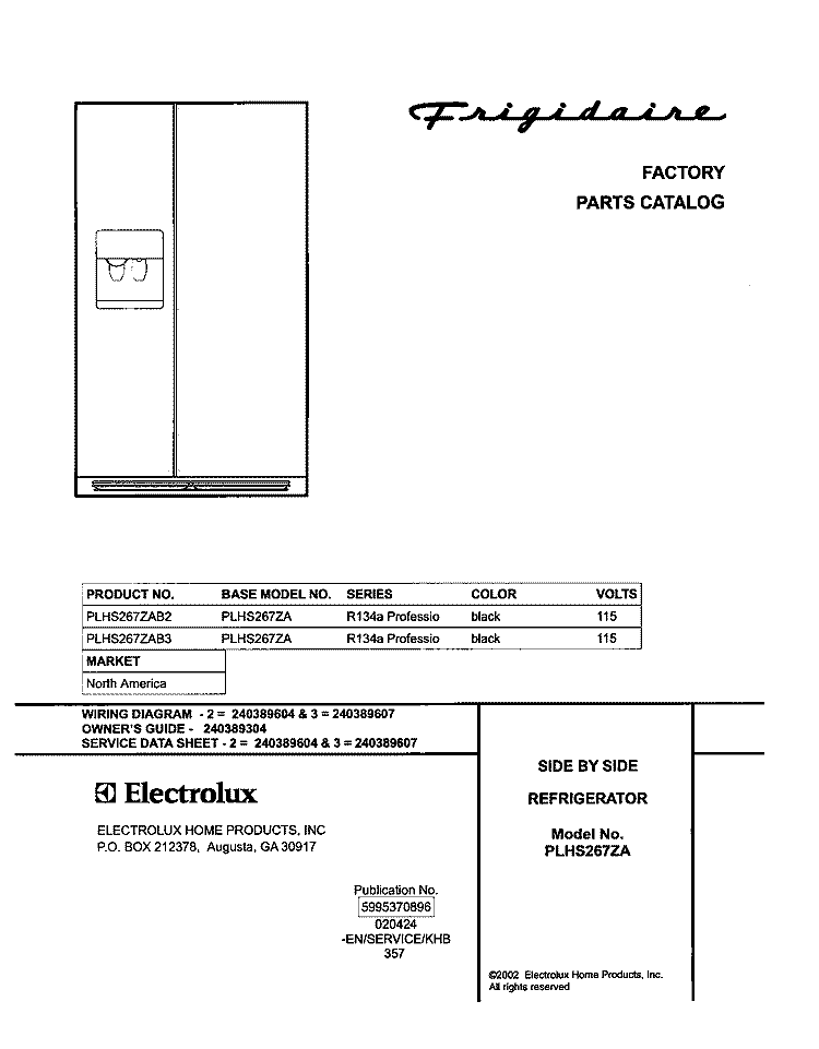 COVER Diagram and Parts List for PLHS267ZAB2  Frigidaire Refrigerator