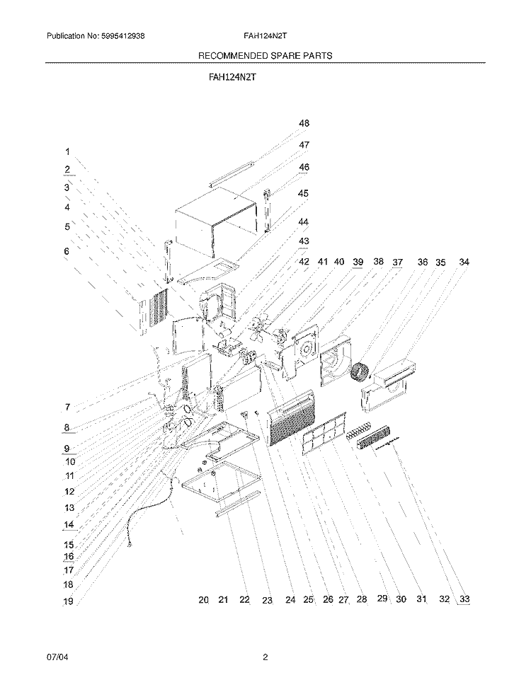 RECOMMENDED SPARE PARTS Diagram and Parts List for FAH124N2T  Frigidaire Air Conditioner
