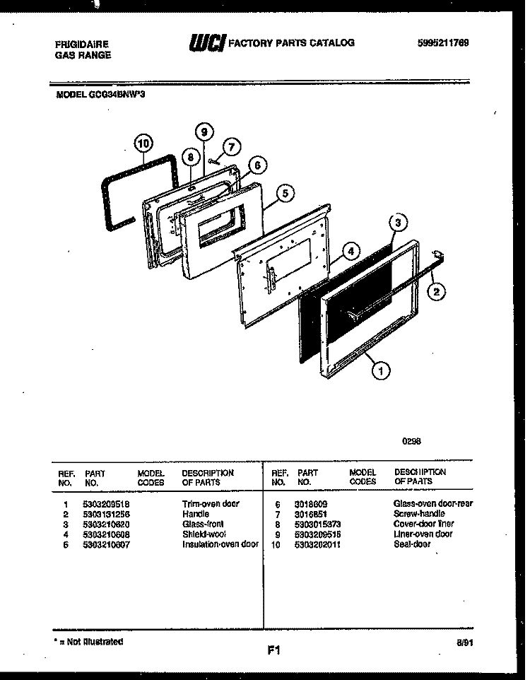 DOOR PARTS Diagram and Parts List for GCG34BNW3  Frigidaire Range