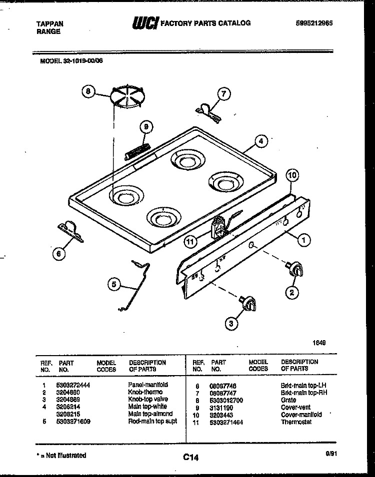 COOKTOP PARTS Diagram and Parts List for 32-1019-00-06  Tappan Range