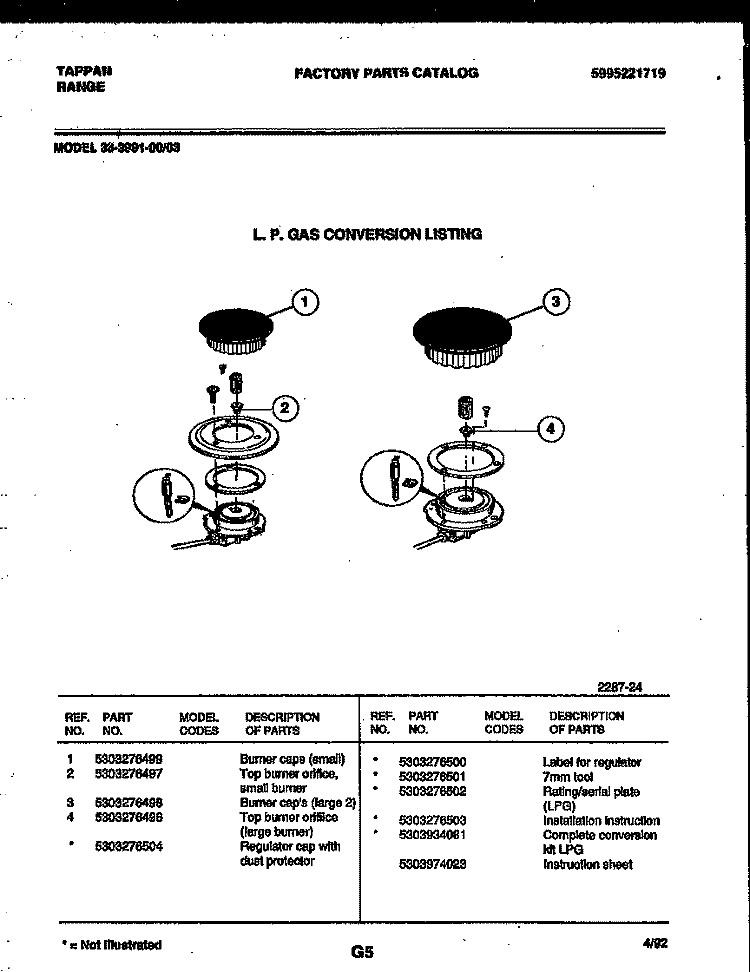 BURNER PARTS Diagram and Parts List for 30-3991-00-03  Tappan Range