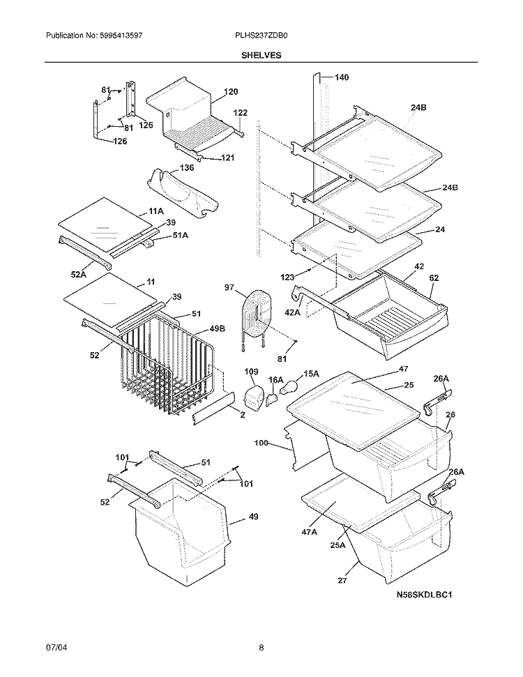 SHELVES Diagram and Parts List for PLHS237ZDB0  Frigidaire Refrigerator