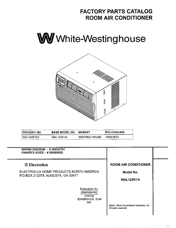 COVER Diagram and Parts List for WAL122K1A1  Westinghouse Air Conditioner