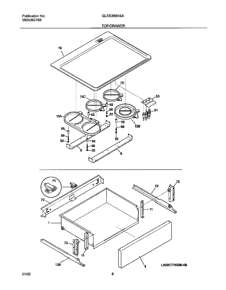 TOP / DRAWER Diagram and Parts List for GLES388ASA  Frigidaire Range