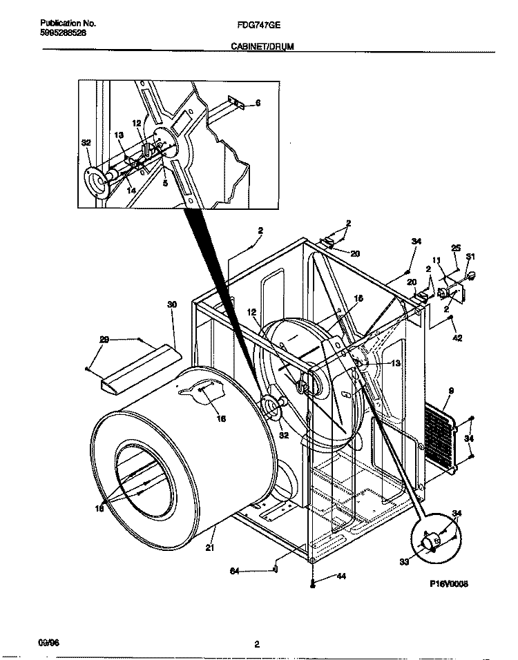 CABINET / DRUM Diagram and Parts List for FDG747GES0  Frigidaire Dryer