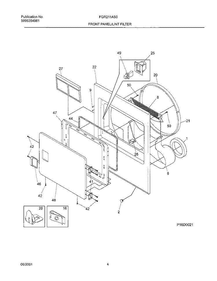 FRNT PNL, DOOR Diagram and Parts List for FGR211AS0  Frigidaire Dryer