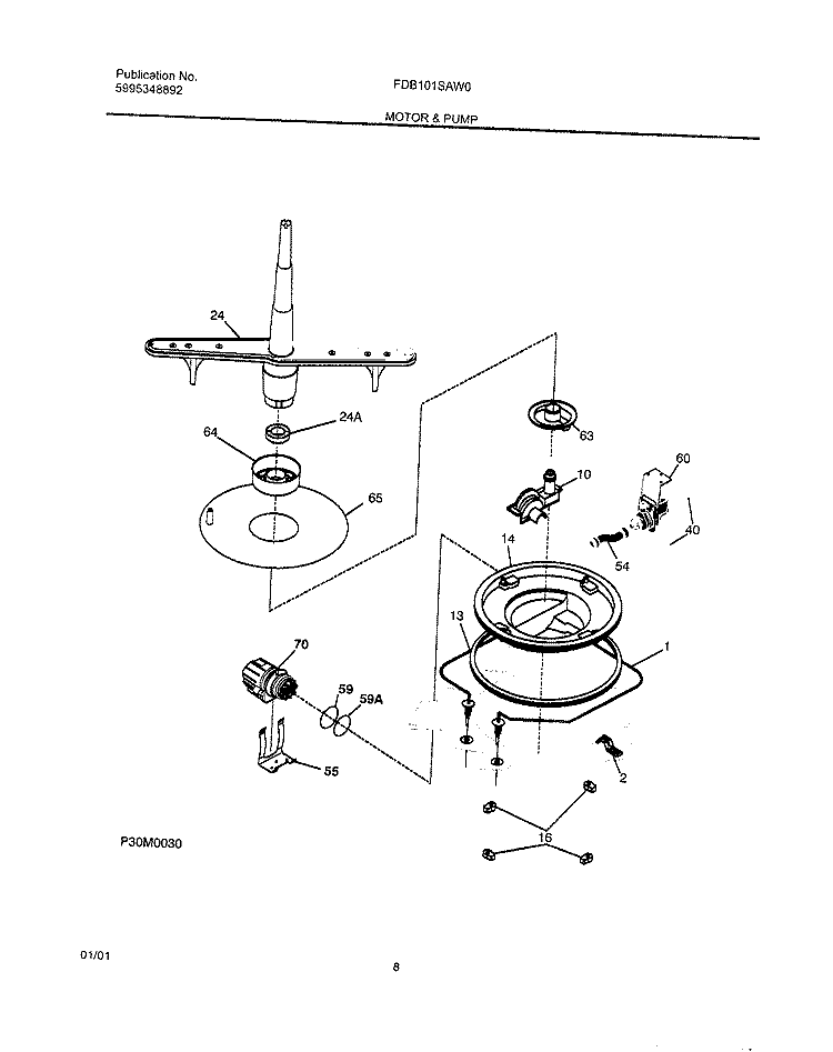 MOTOR & PUMP Diagram and Parts List for FDB101SAW0  Frigidaire Dishwasher