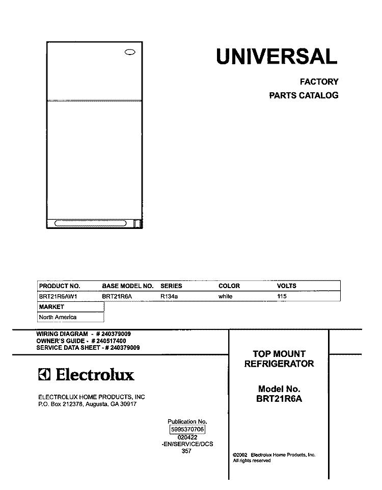 COVER Diagram and Parts List for BRT21R6AW1  Uni Refrigerator