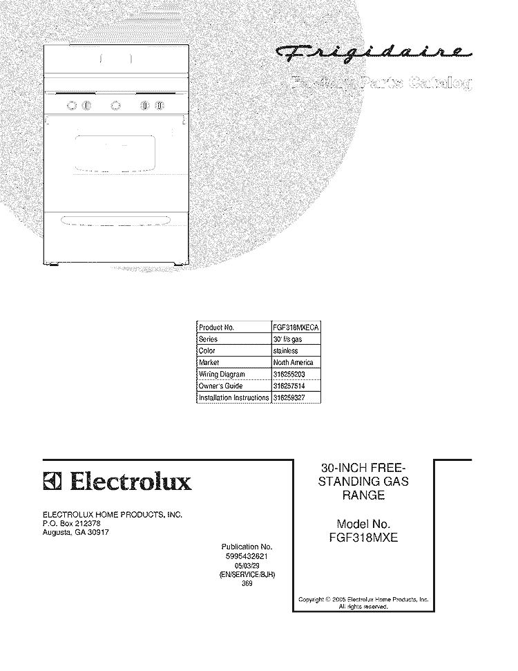 COVER Diagram and Parts List for FGF318MXECA  Frigidaire Range