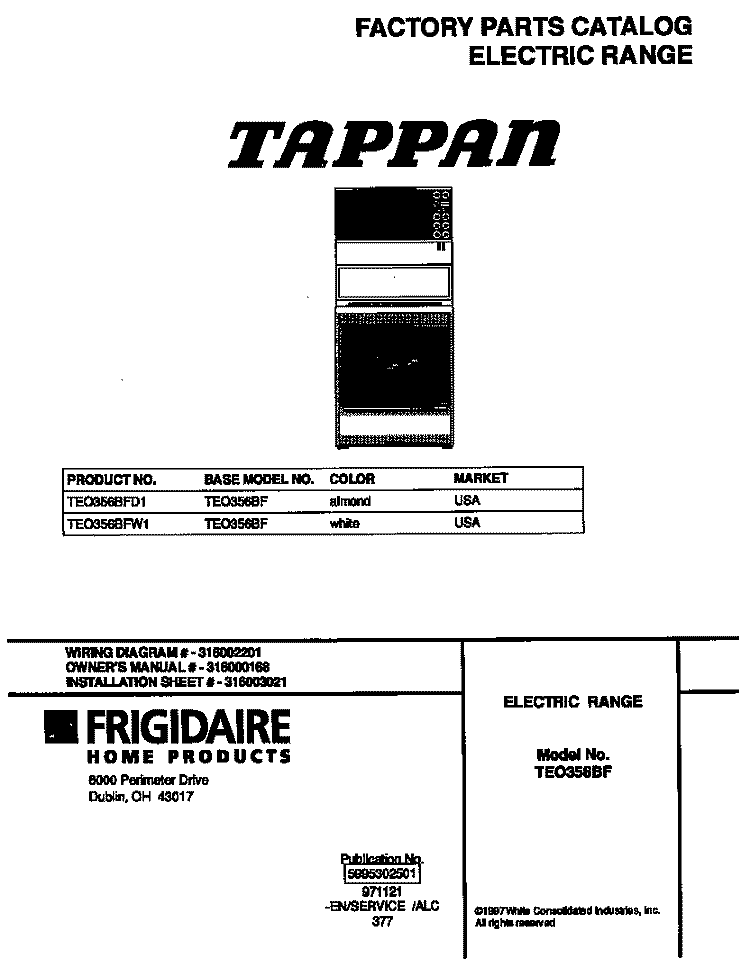 COVER Diagram and Parts List for TEO356BFD1  Tappan Range