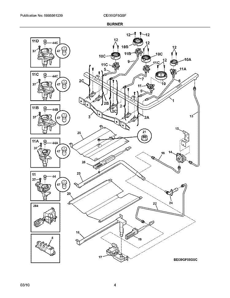 BURNER Diagram and Parts List for CEI30GF5GSF  Electrolux Range