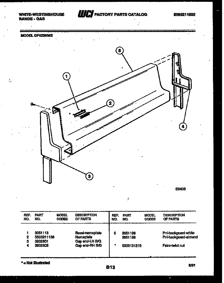 BACKGUARD Diagram and Parts List for GF620NW2  Frigidaire Range