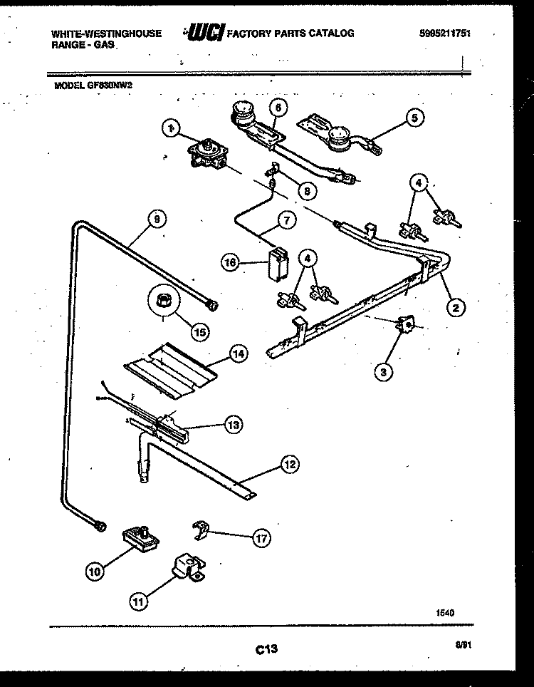 BURNER, MANIFOLD AND GAS CONTROL Diagram and Parts List for GF830ND2  Frigidaire Range