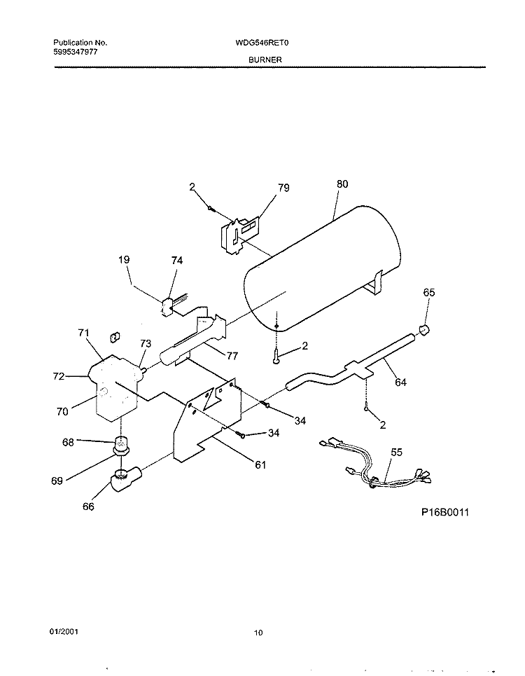 BURNER Diagram and Parts List for WDG546RET0  Frigidaire Dryer