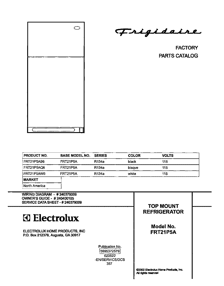 COVER Diagram and Parts List for FRT21P5AB6  Frigidaire Refrigerator