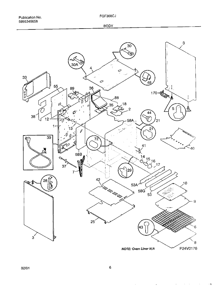 BODY Diagram and Parts List for FGF368CJSA  Frigidaire Range