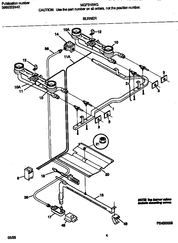 BURNER Diagram and Parts List for MGF316WGSC  Frigidaire Range
