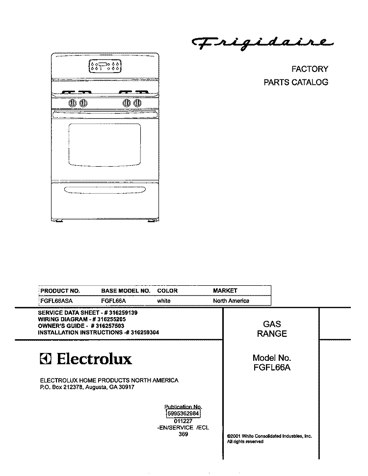 COVER Diagram and Parts List for FGFL66ASA  Frigidaire Range