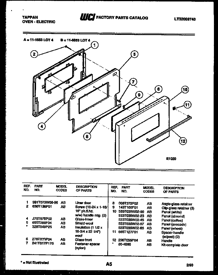 DOOR PARTS Diagram and Parts List for 11-6653-00-04  Tappan Wall Oven