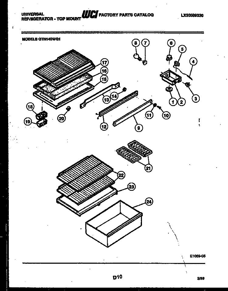 SHELVES AND SUPPORTS Diagram and Parts List for GTN140WGF1  Uni Refrigerator