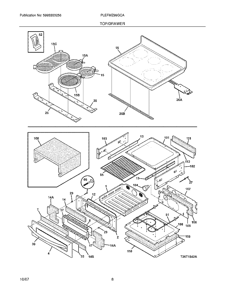 TOP / DRAWER Diagram and Parts List for PLEFMZ99GCA  Frigidaire Range