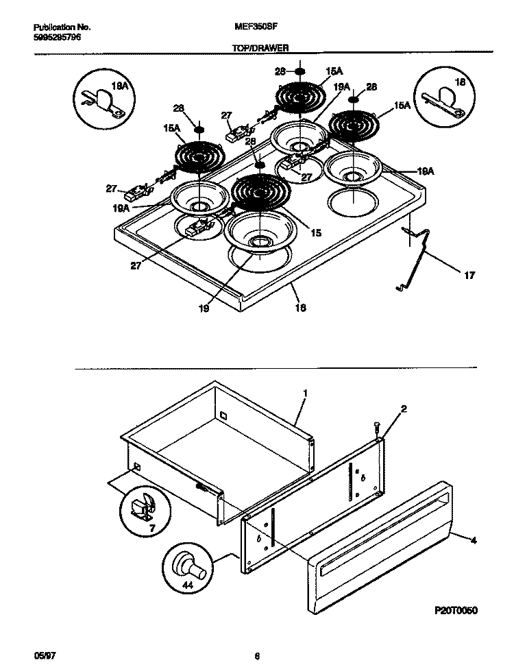 TOP / DRAWER Diagram and Parts List for MEF350SFWA  Frigidaire Range