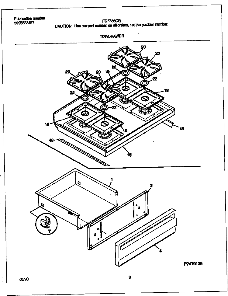 TOP / DRAWER Diagram and Parts List for FGF355CGSC  Frigidaire Range