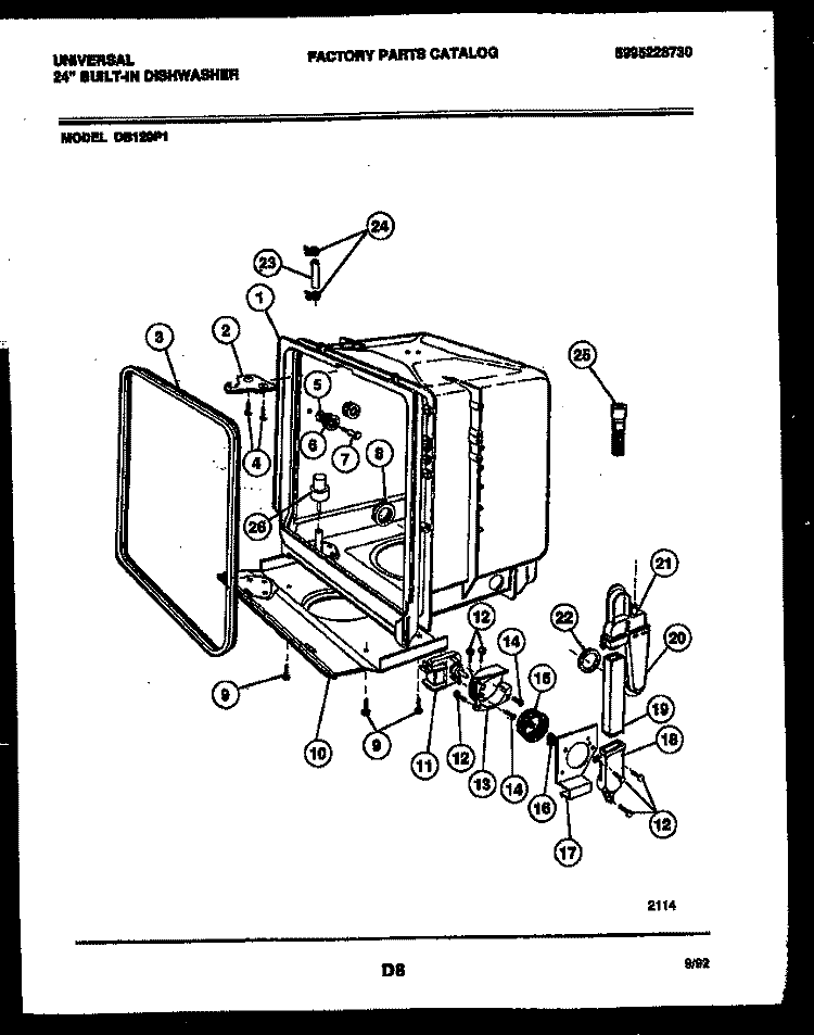 TUB AND FRAME PARTS Diagram and Parts List for DB120P1  Frigidaire Dishwasher