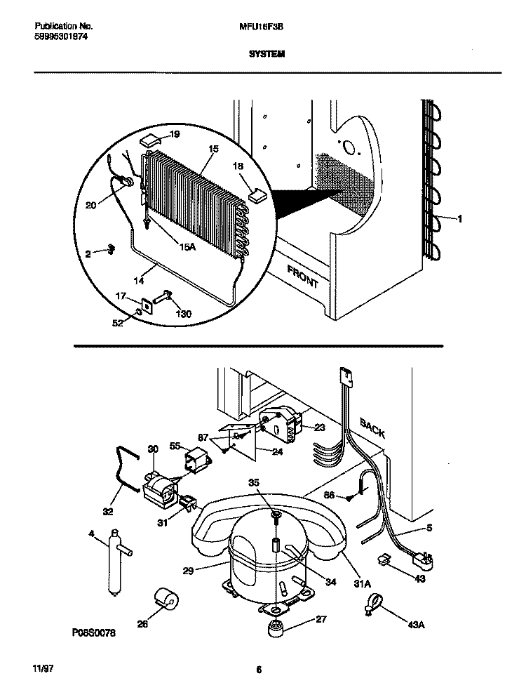 SYSTEM Diagram and Parts List for MFU16F3BW7  Frigidaire Freezer